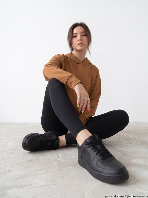 Kahverengi İki İplik Penye Kapşonlu Sweatshirt
