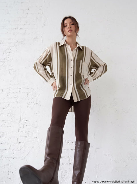 Haki Çizgili Oversize Gömlek