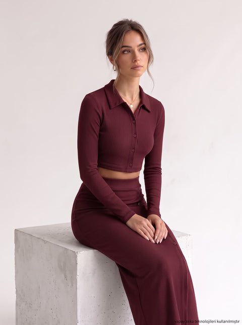 Bordo Ottoman Düğme Kalem Etek Ve Crop Gömlek İkili Takım