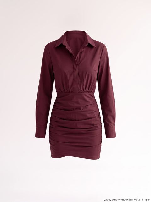 Bordo Poplin Drapeli Astarlı Gömlek Elbise
