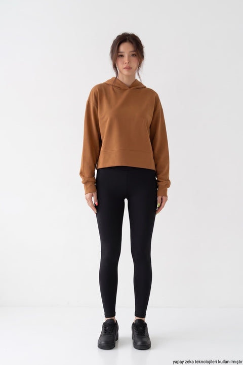 Kahverengi İki İplik Penye Kapşonlu Sweatshirt