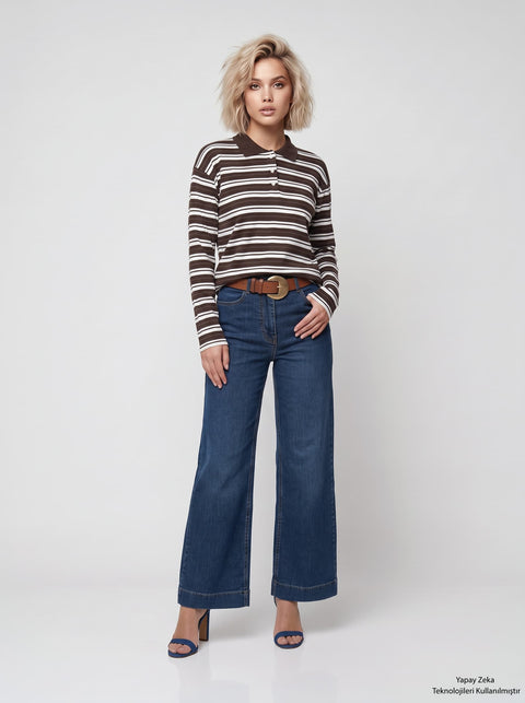 Kahverengi İki İplik Polo Yaka Çizgili Sweatshirt