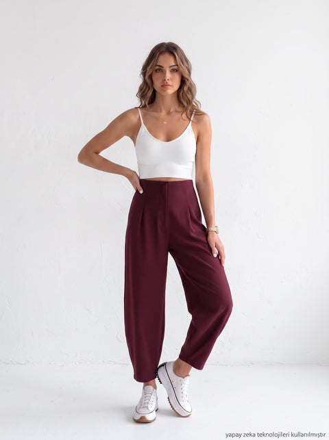 Bordo Örme Likralı Crep Kumaş Kemersiz Balon Pantolon