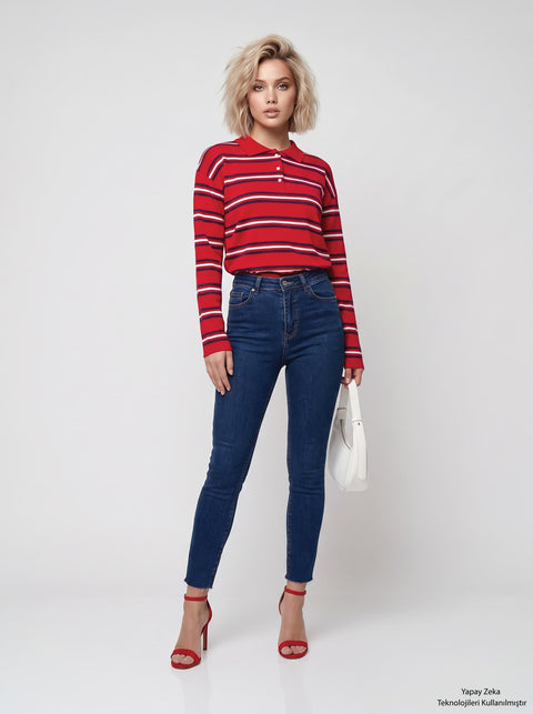 Mavi Paçası Kesik Likralı Mom Jean