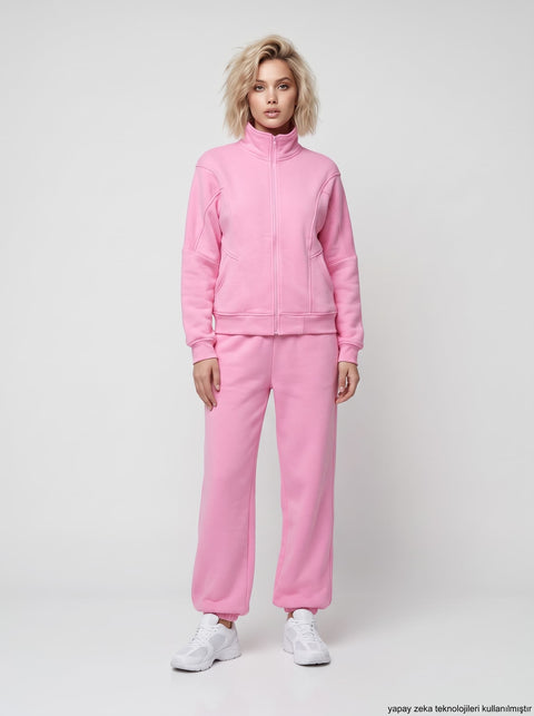 Pembe Üç İplik Dokuma İçi Şardonlu Jogger Eşofman Takım