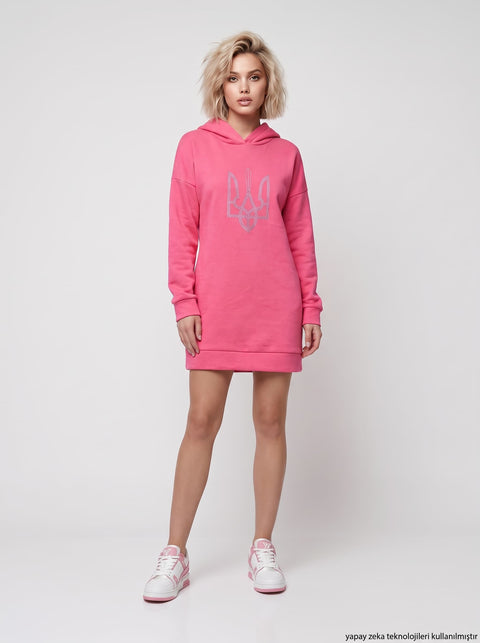 Pembe Üç İplik İçi Polar Ön Taş Dizayn Kapişonlu Uzun Sweatshirt