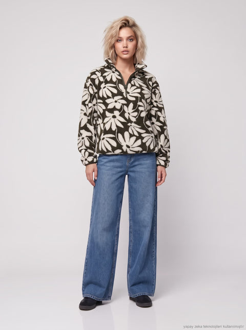 Koyu Yeşil Yarım Fermuarlı Çiçek Desenli Polar Sweatshirt