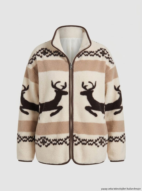 Kahve Geyik Desenli Polar Mont
