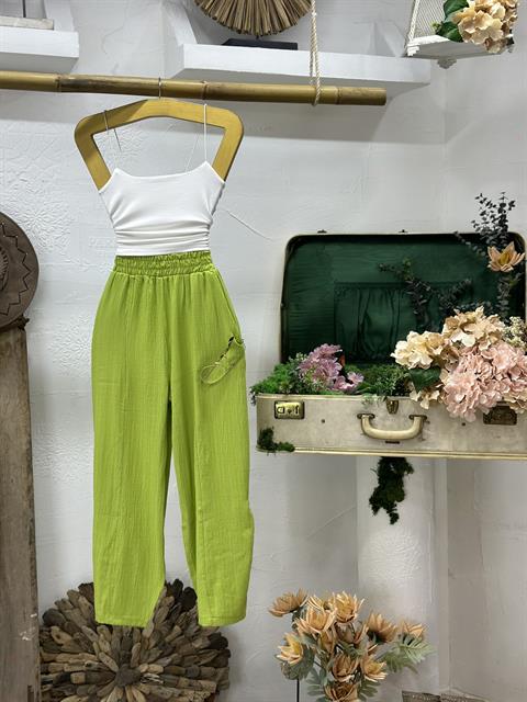 Ağaç Kabuğu Kumaş Beli Yüksek Bel Lastikli Rahat Kesim Pantolon