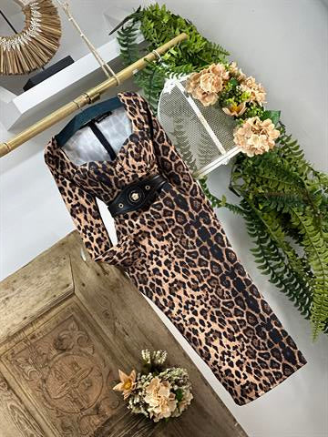 Atlas Kumaş Leopar Desen Glop Dikişli Uzun Kalem Elbise