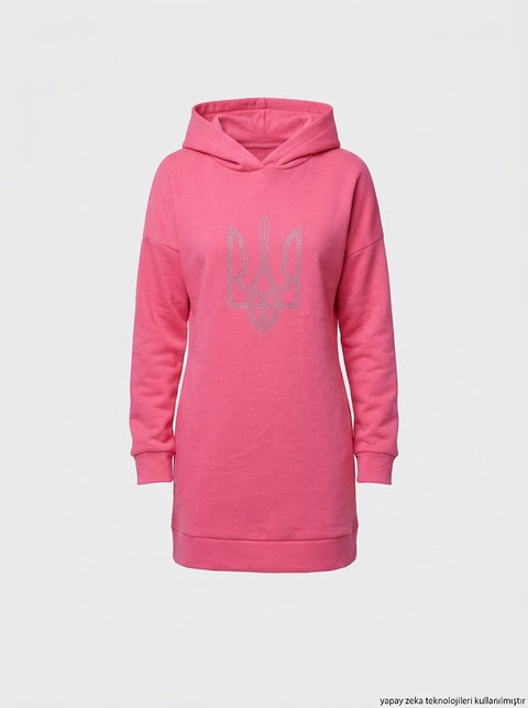 Pembe Üç İplik İçi Polar Ön Taş Dizayn Kapişonlu Uzun Sweatshirt