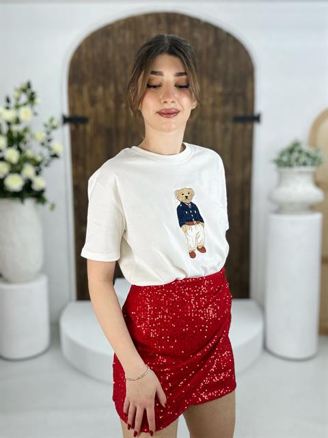 Bear Desenli Nakış Detaylı Rahat Kalıp Premium Tshirt Beyaz