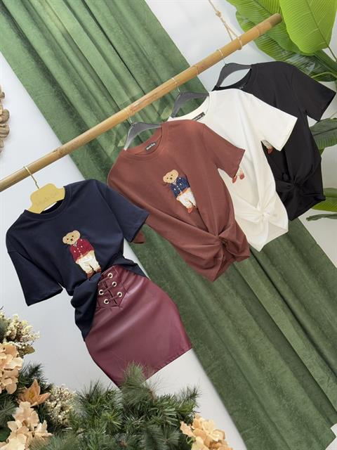 Bear Desenli Nakış Detaylı Rahat Kalıp Premium Tshirt Kahverengi
