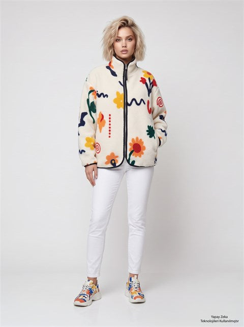 Çiçek Desenli Fermuarlı Oversize Polar Mont