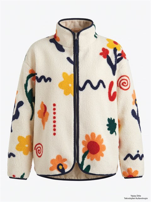 Çiçek Desenli Fermuarlı Oversize Polar Mont