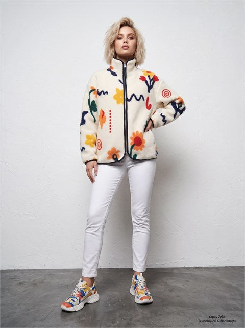 Çiçek Desenli Fermuarlı Oversize Polar Mont