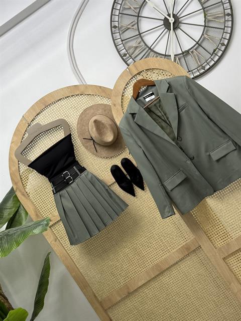 Çift Düğmeli Astarlı Oversize Poliviskon Blazer Ceket  Haki