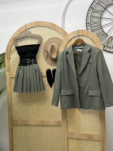 Çift Düğmeli Astarlı Oversize Poliviskon Blazer Ceket  Haki