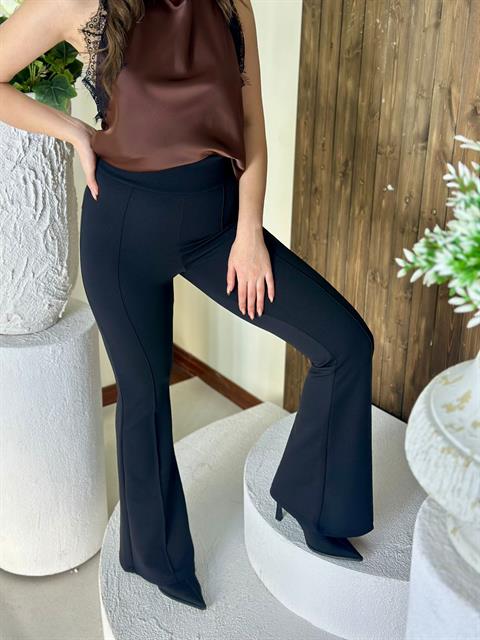 Crep Dokuma Kumaş Full likralı Çimalı İspanyol Paça Pantolon Siyah