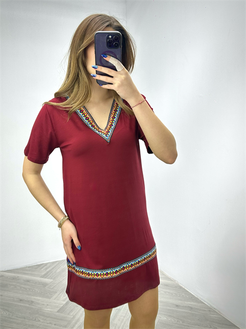 Crep Kumaş Etnik Desen Şeritli V Yaka Rahat Elbise Bordo