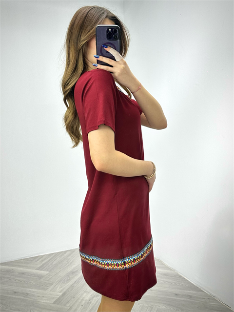 Crep Kumaş Etnik Desen Şeritli V Yaka Rahat Elbise Bordo