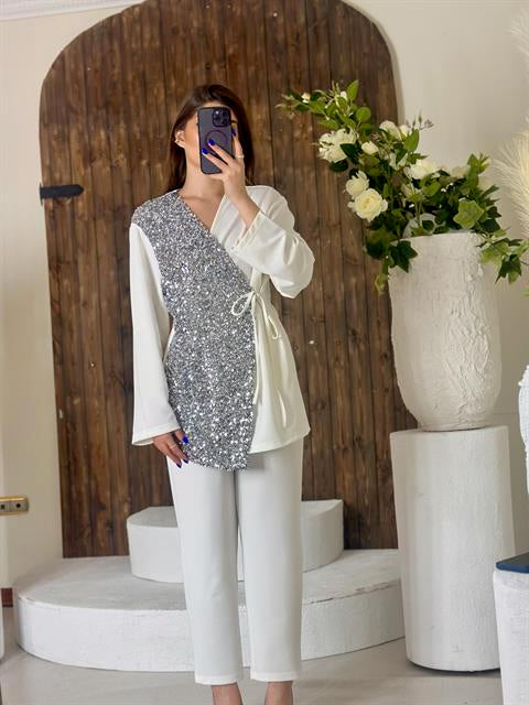 Crep Kumaş Payet Detaylı Kimano ve Rahat Pantolon İkili Takım Beyaz