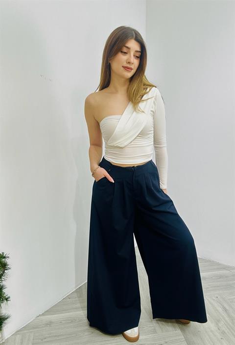 Dubble Kumaş Pile Detay Bel Arkası Lastikli Palazzo Pantolon
