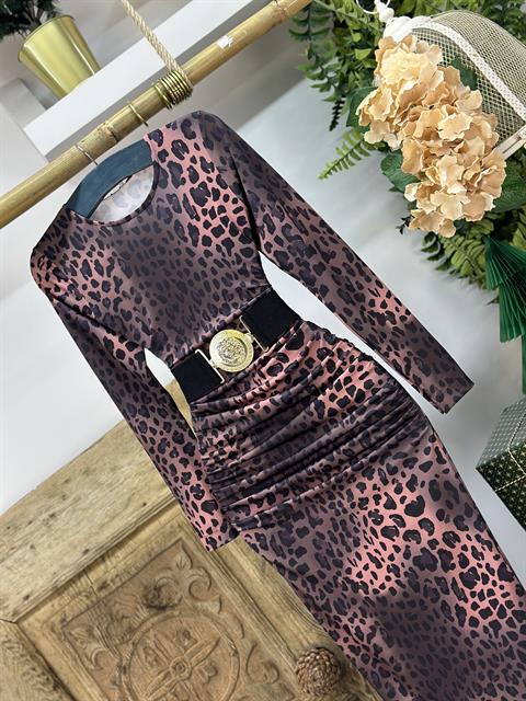 Full Likralı Micro Kumaş Leopar Desen Tasarım Maksi Elbise