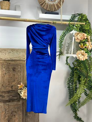 İnci Kadife Kumaş Drape Detaylı Uzun Tasarım Elbise
