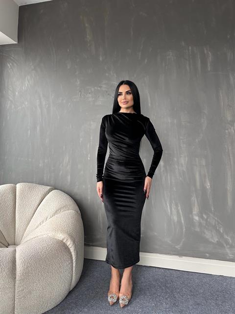 İnci Kadife Kumaş Drape Detaylı Uzun Tasarım Elbise