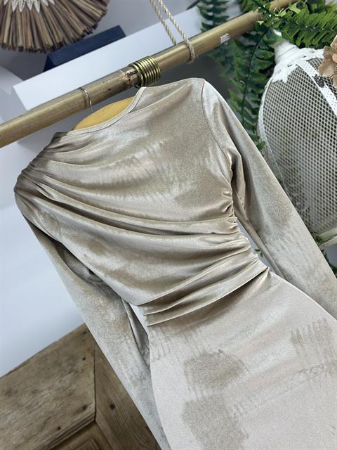 İnci Kadife Kumaş Drape Detaylı Uzun Tasarım Elbise