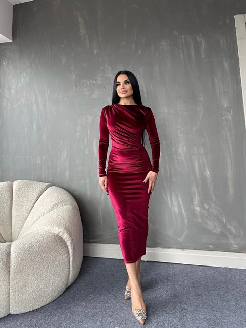 İnci Kadife Kumaş Drape Detaylı Uzun Tasarım Elbise