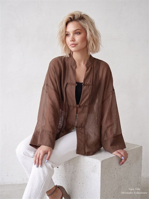 İp Bağcıklı Keten Gömlek Kahverengi