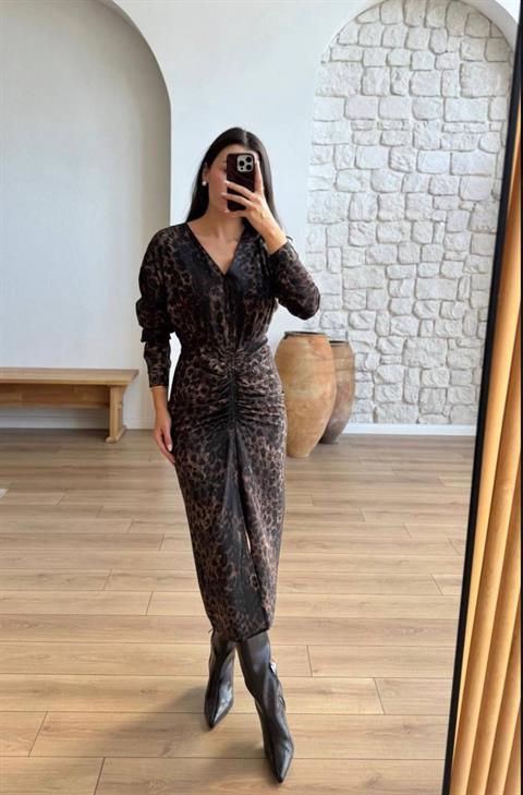 İthal Crep Kumaş Astarlı Leopar Desen Drape Detaylı Midi Boy Elbise