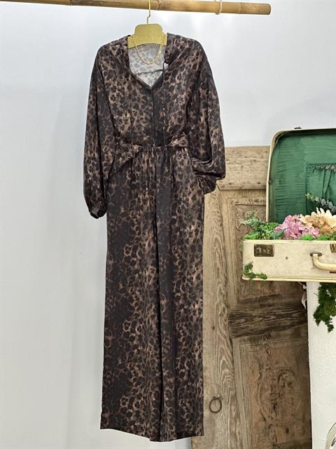 İthal Crep Kumaş Leopar Desen Rahat Kalıp Gömlek Pantolon İkili Takım