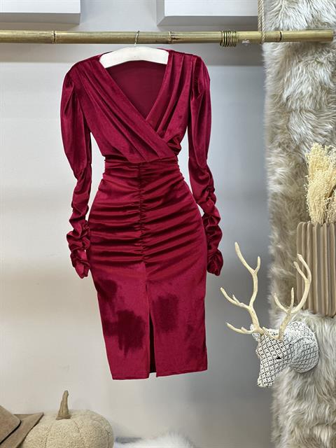 İthal Kadife Kumaş Drape Detaylı Önden Yırtmaçlı