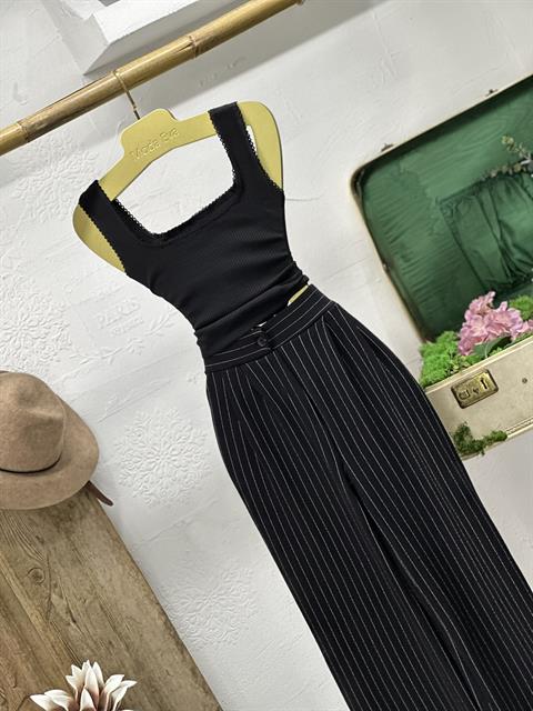 İthal Örme Crep Kumaş Çizgi Desen Palazzo Pantolon