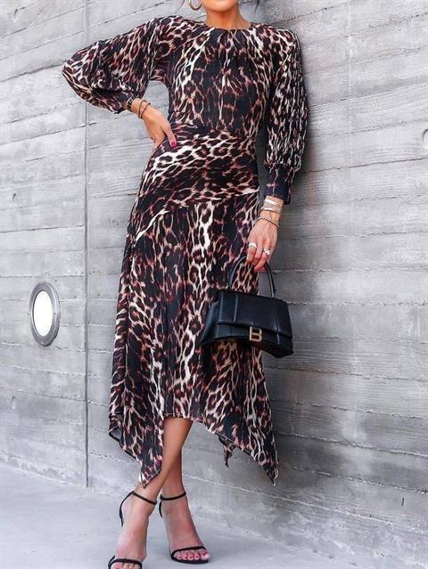 Jenifer Kumaş Leopar Desen Asimetrik Etekli Midi Boy Tasarım Elbise