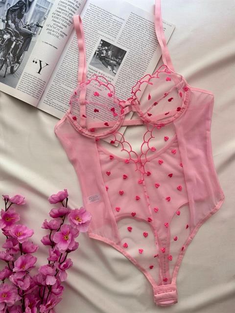 Kalp Nakışlı Balenli Tül Bodysuit Pudra