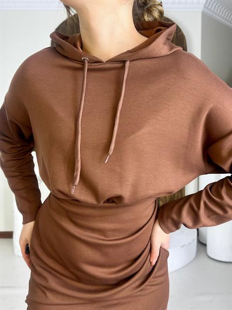 Kapüşonlu Drape Detaylı Üç İplik Kumaş Sweat Elbise