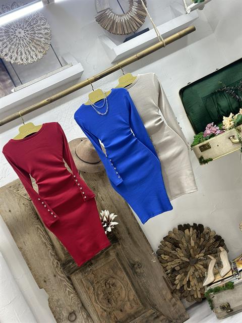 Kaşkorse Kumaş Kollar Düğme Detaylı Saks Kalem Elbise
