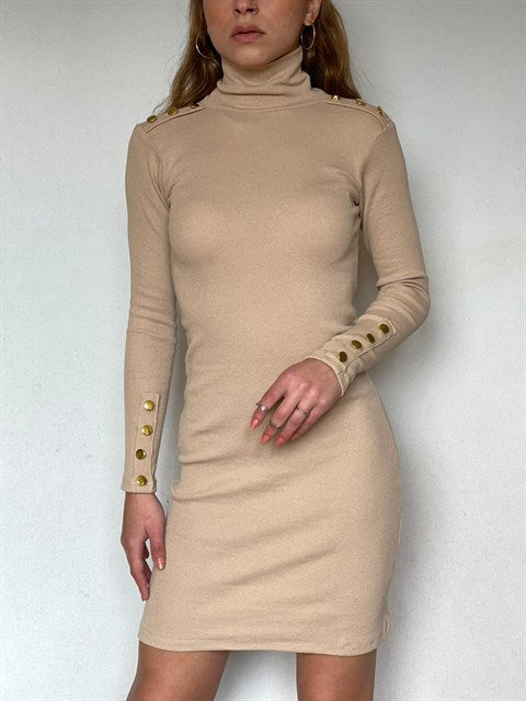 Kaşkorse Kumaş Omuz ve Kol Gold Düğme Detaylı Balıkçı Yaka Elbise
