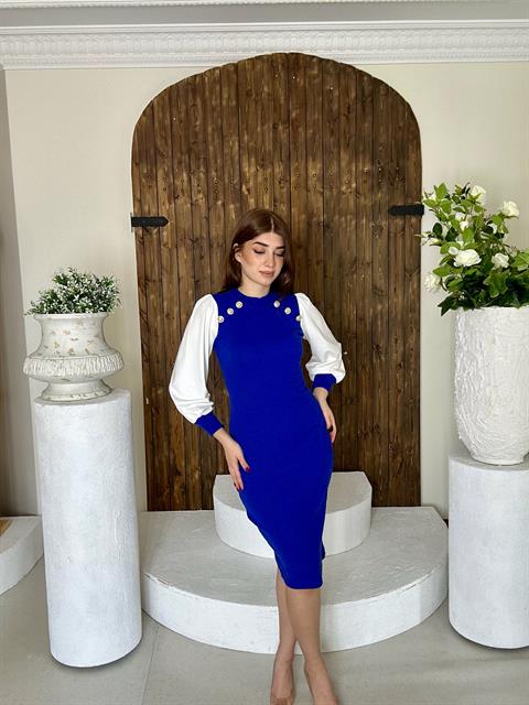 Kaşkorse ve Micro Kumaş Gold Düğmeli Kalem Elbise Saks