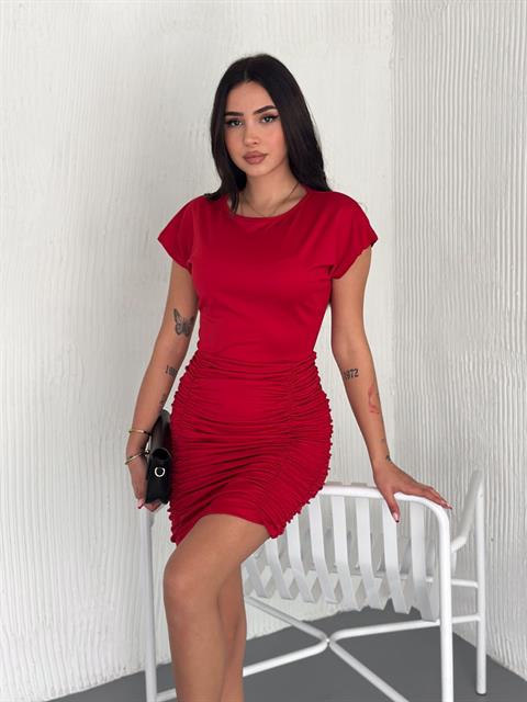 Kristal Pamuk Kumaş Drapeli Kalem Elbise Bordo