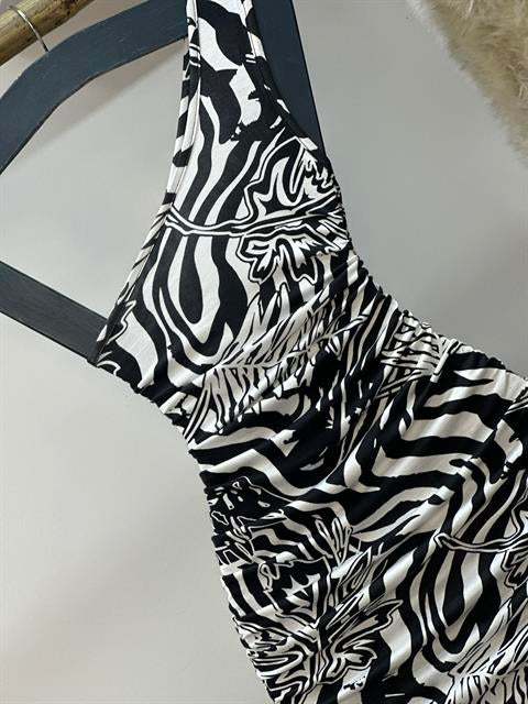 Kristal Pamuk Kumaş Zebra Desen Tek Kol Kalem Elbise