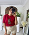 Leopar Desenli Nakış Detaylı Rahat Kalıp Premium Tshirt Kırmızı