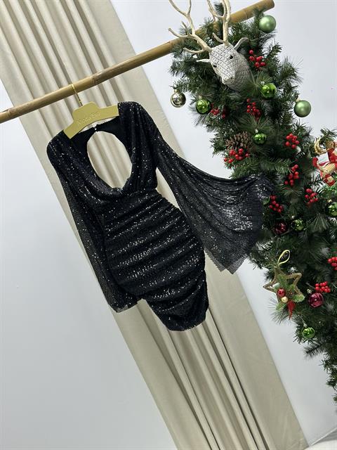 Likralı Pul Payet Kumaş Astarlı Pelerin Kol Mini Elbise