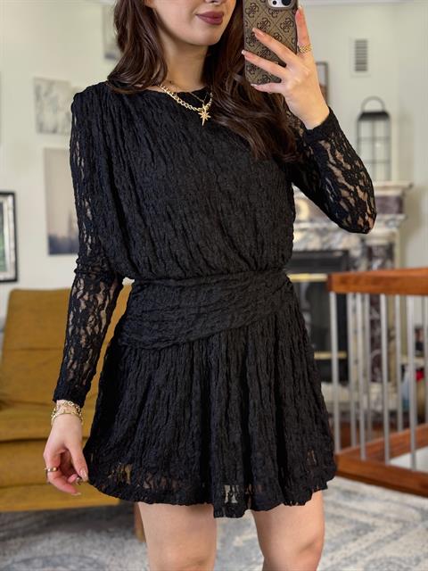 Likralı Tül Kumaş Drape Detaylı Kloş Elbise Siyah