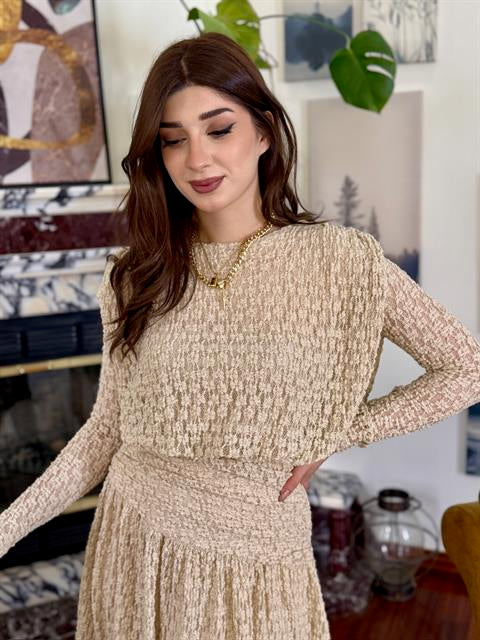 Likralı Tül Kumaş Drape Detaylı Kloş Elbise Krem