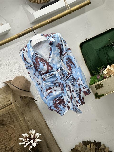 Micro Kumaş Drape Detay Zarf Etekli Gömlek Yaka Mavi Elbise